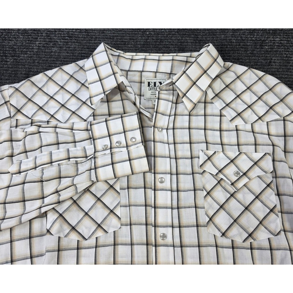Ely Cattleman Western‎ Shirt Mens Pearl Snap XL White Tan Plaid L/S Excellent
